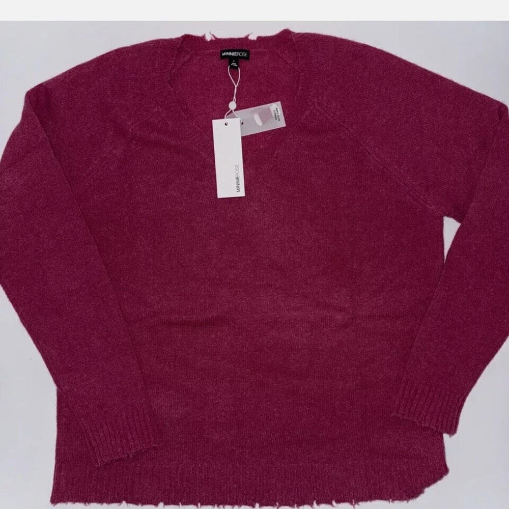 Minnie Rose Cashmere Vneck Sweater Distressed Trim Fuchsia Berry Pink